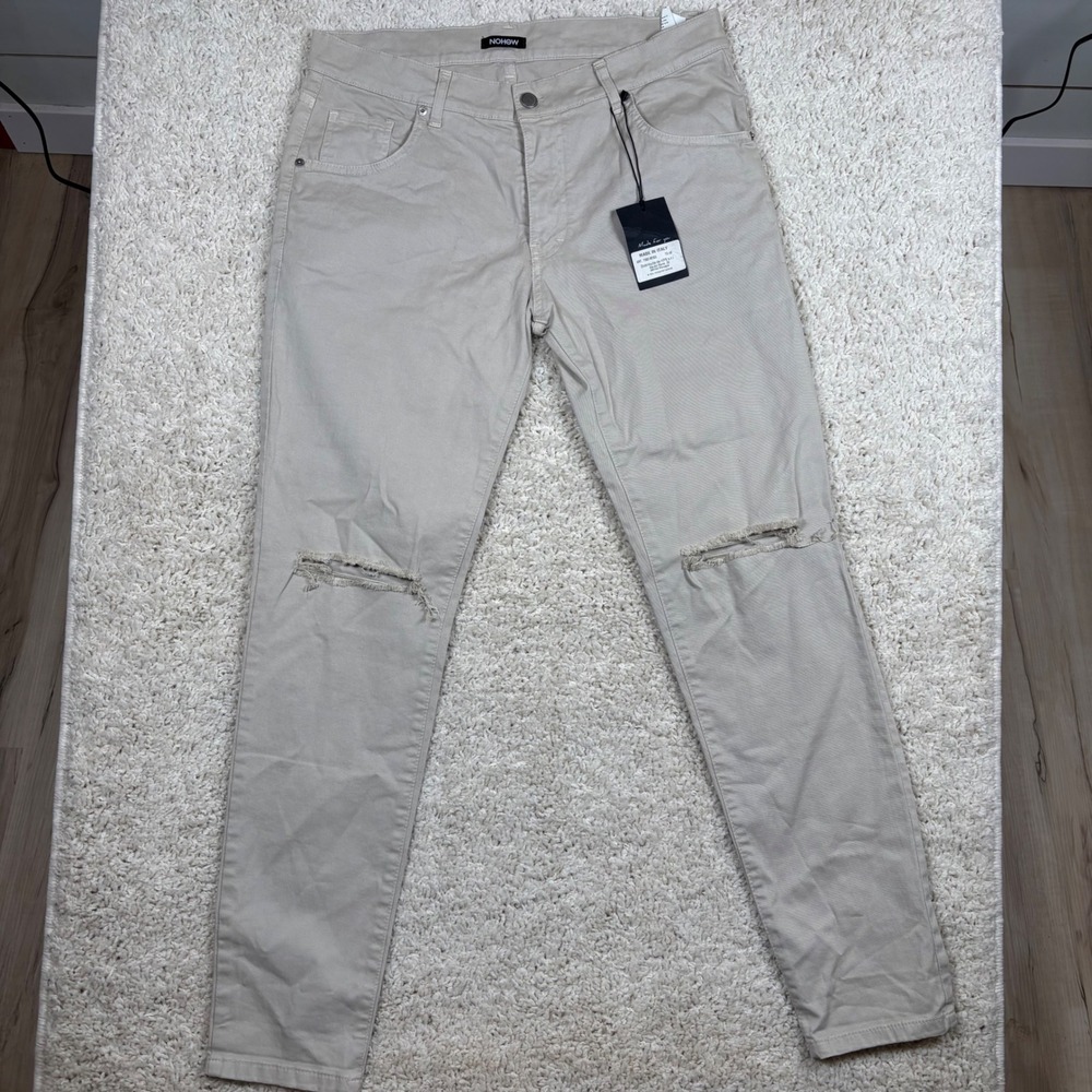 NOHOW Mens Beige Distressed Ripped Knee Slim Fit Chinos Pants‎ TG 48 XL